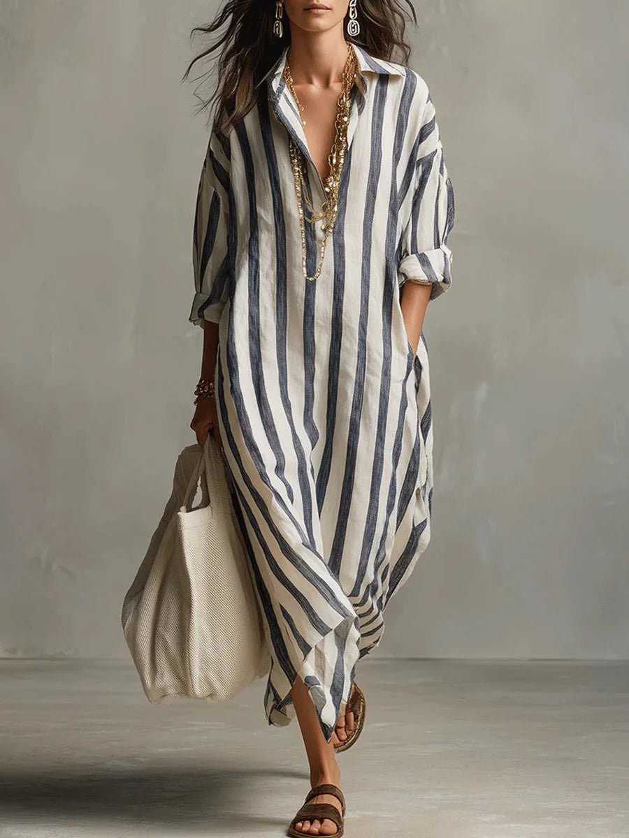 Women's Striped Linen Shirt Dress - Oversized Maxi Dress