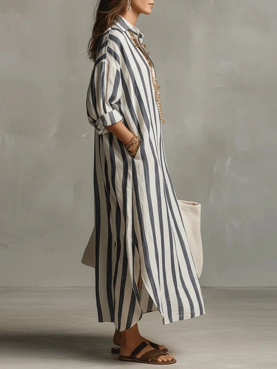 Women's Striped Linen Shirt Dress - Oversized Maxi Dress