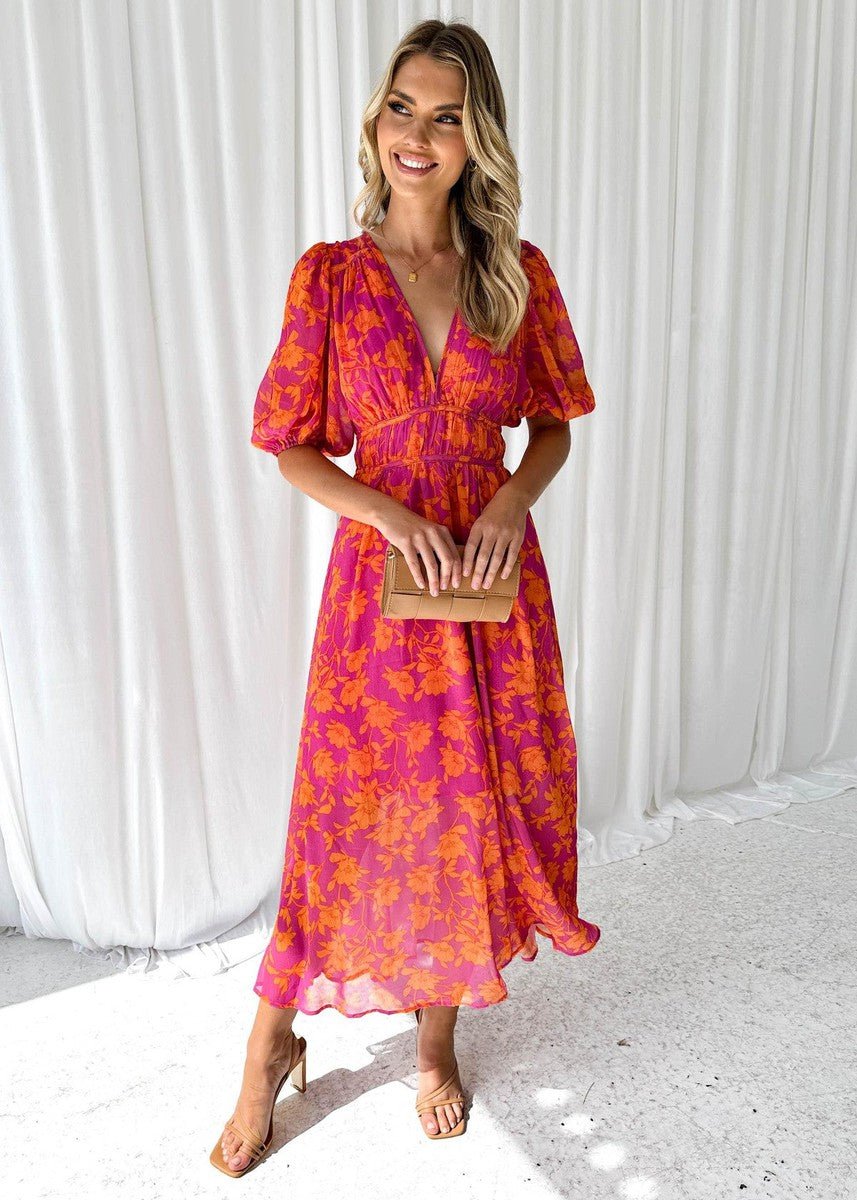 Women's Pink Floral V-Neck Puff Sleeve Midi Dress