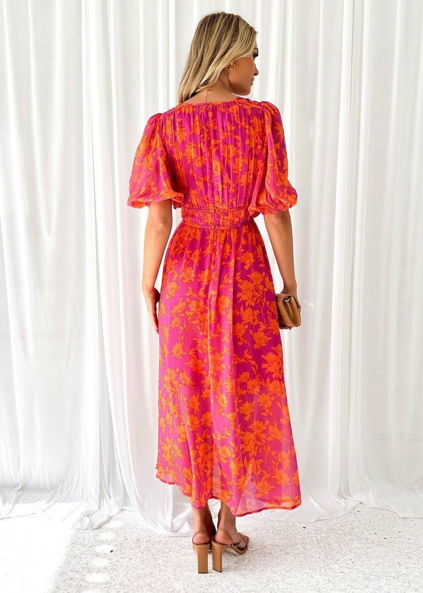 Women's Pink Floral V-Neck Puff Sleeve Midi Dress