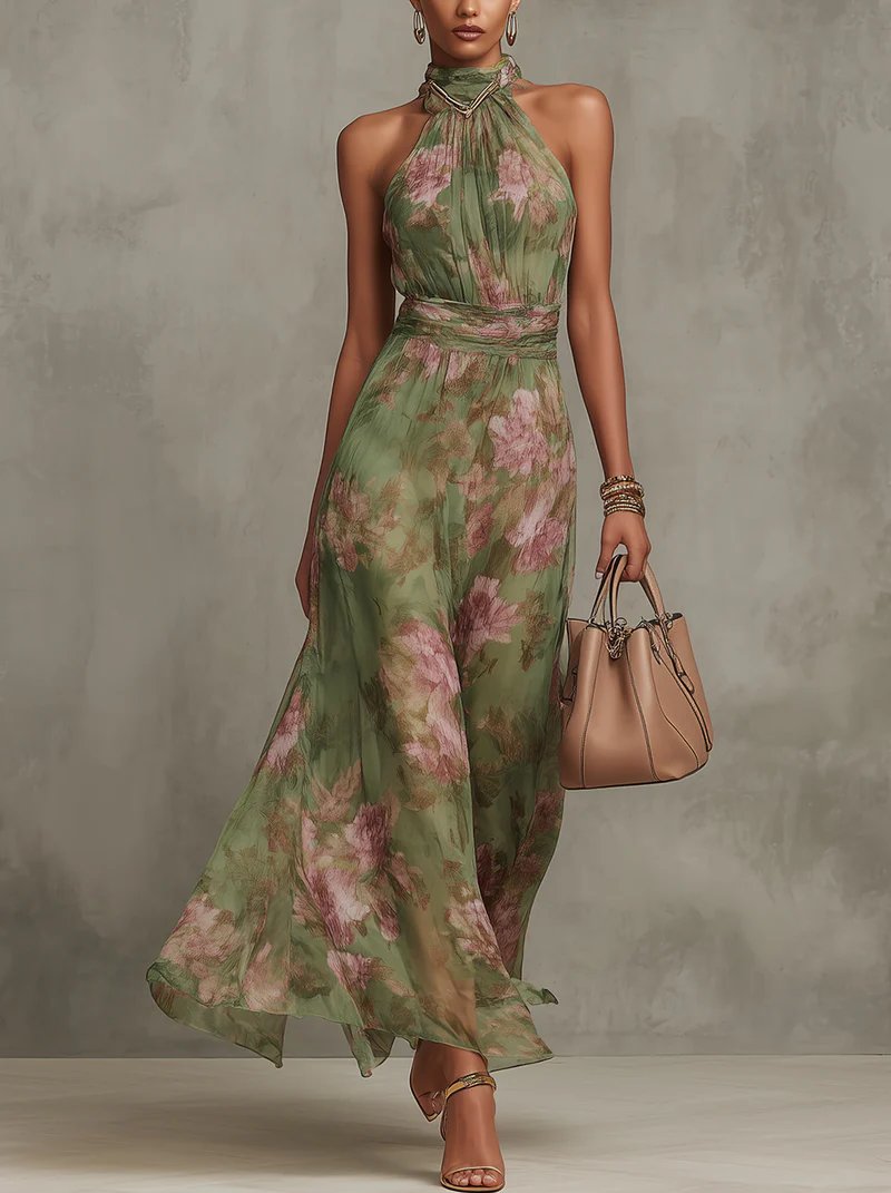Women's Floral Halter Neck Sleeveless Chiffon Maxi Dress