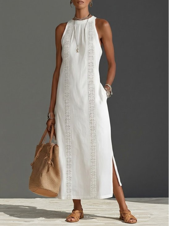 Women's Embroidered Halter Neck Sleeveless Midi Dress