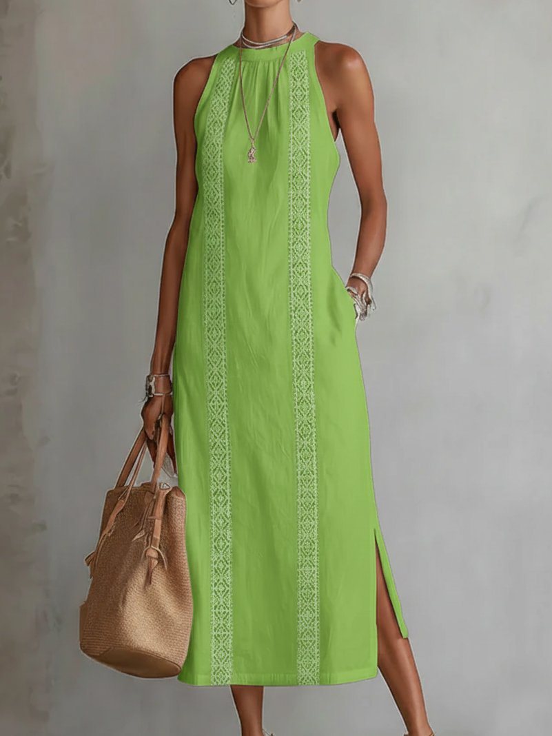 Women's Embroidered Halter Neck Sleeveless Midi Dress