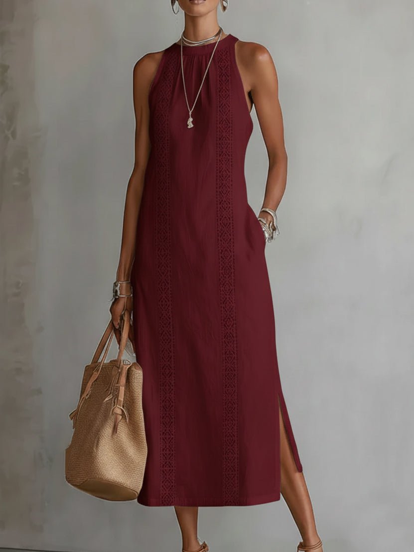 Women's Embroidered Halter Neck Sleeveless Midi Dress