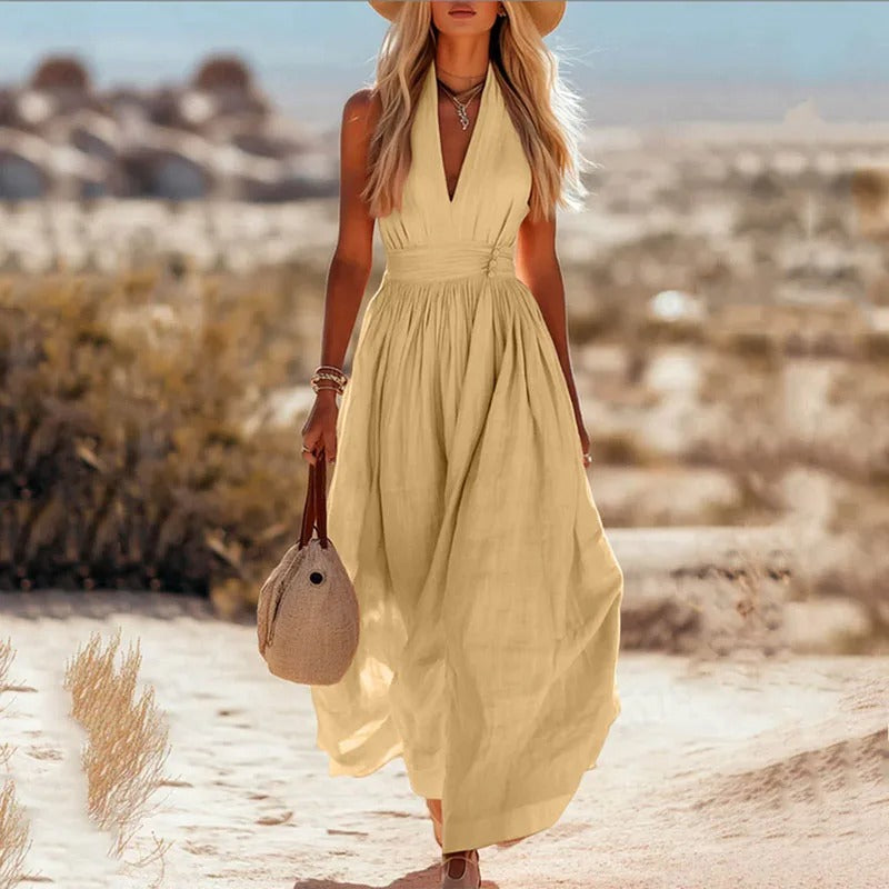 Women's Boho Halter Neck Sleeveless Linen Maxi Dress