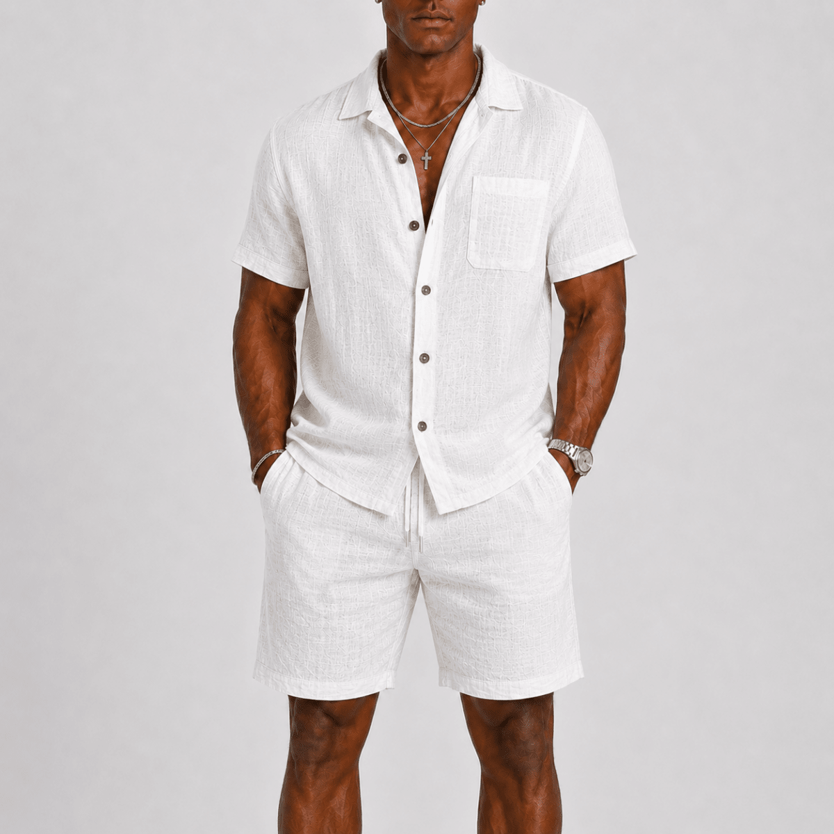 Men's Short-Sleeve Shirt & Shorts Set - Textured Smart-Casual Summer Two-Piece
