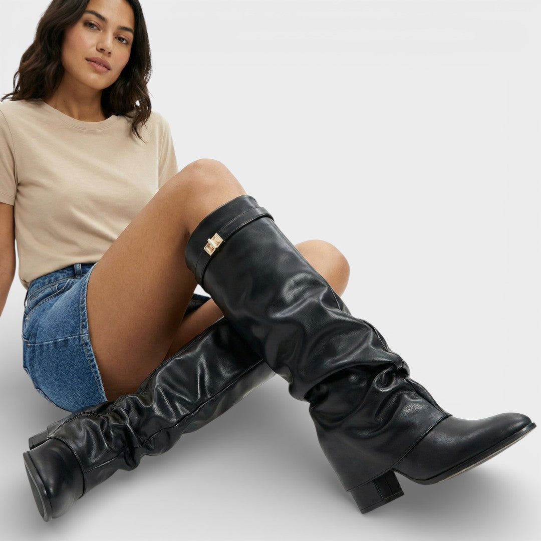 Women's Ruched Knee-High Boots Pointed Toe Side Buckle