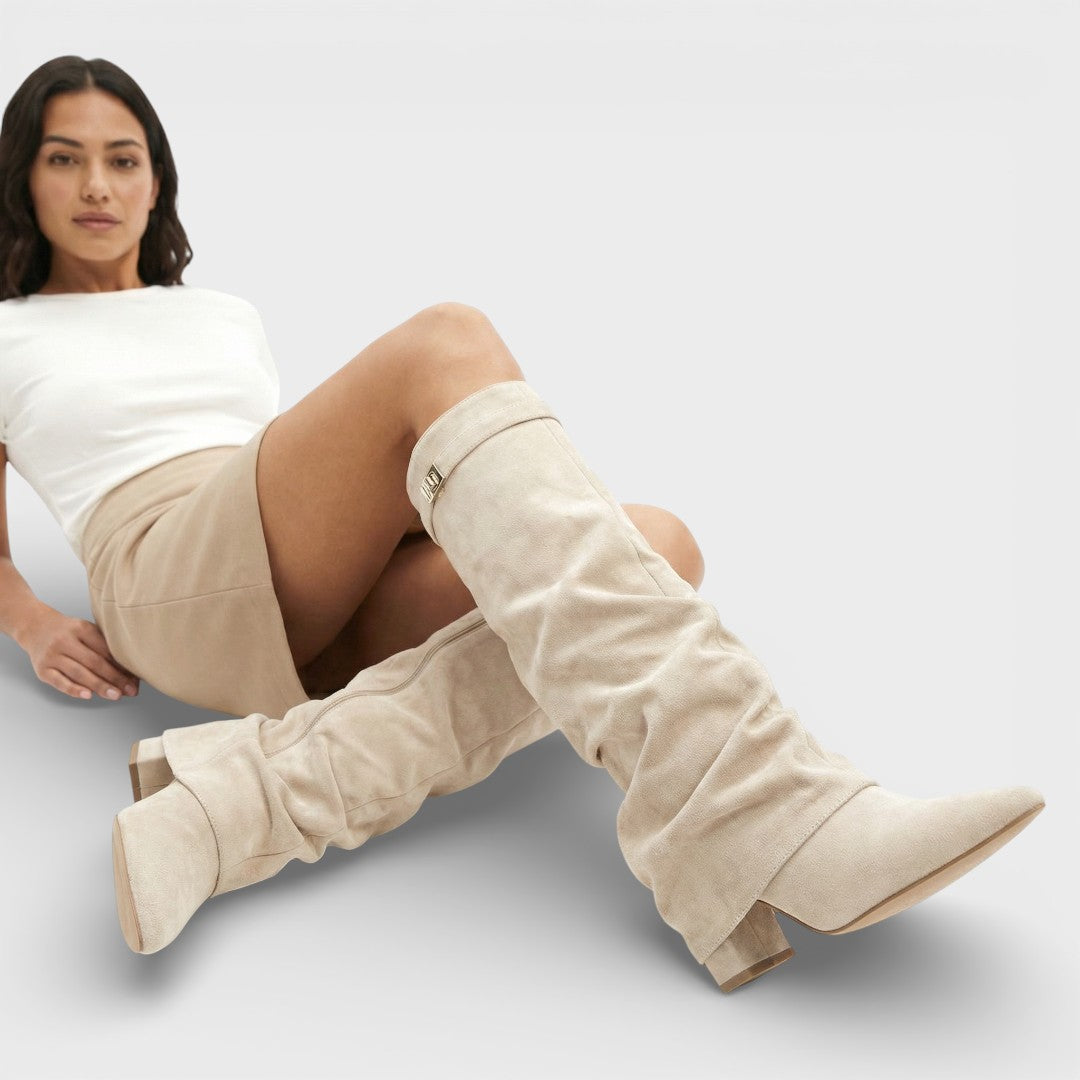 Women's Ruched Knee-High Boots Pointed Toe Side Buckle