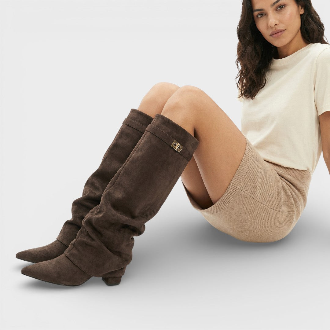 Women's Ruched Knee-High Boots Pointed Toe Side Buckle