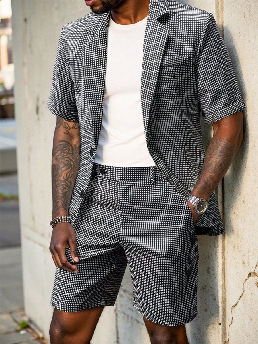 Men's Micro-Check Short-Sleeve Blazer & Shorts Set - Smart Casual Two-Piece