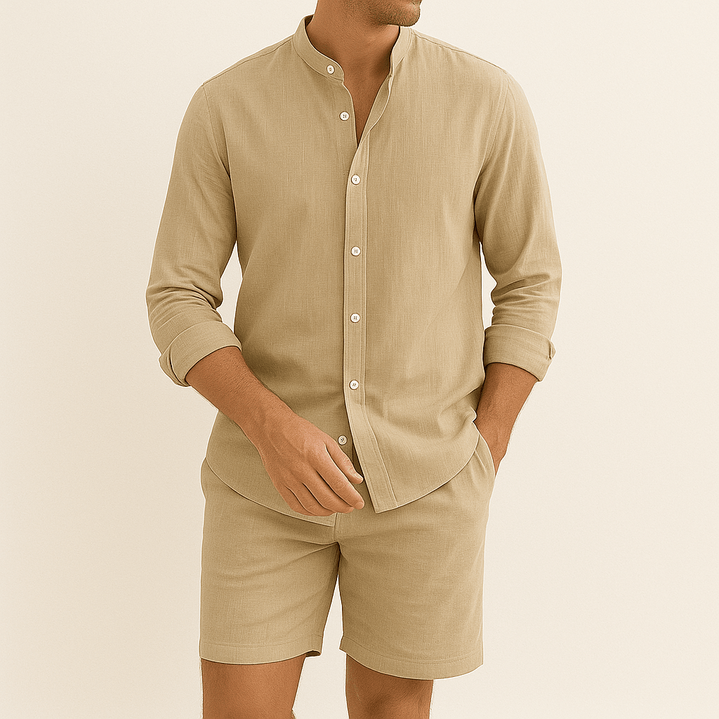 Men's Linen-Look Shirt & Shorts Set - Stand Collar Two-Piece Summer Outfit