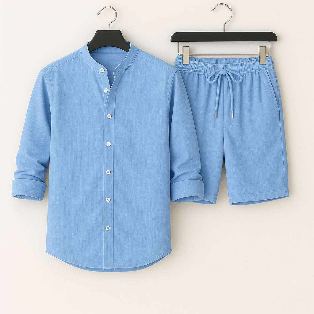 Men's Linen-Look Shirt & Shorts Set - Stand Collar Two-Piece Summer Outfit