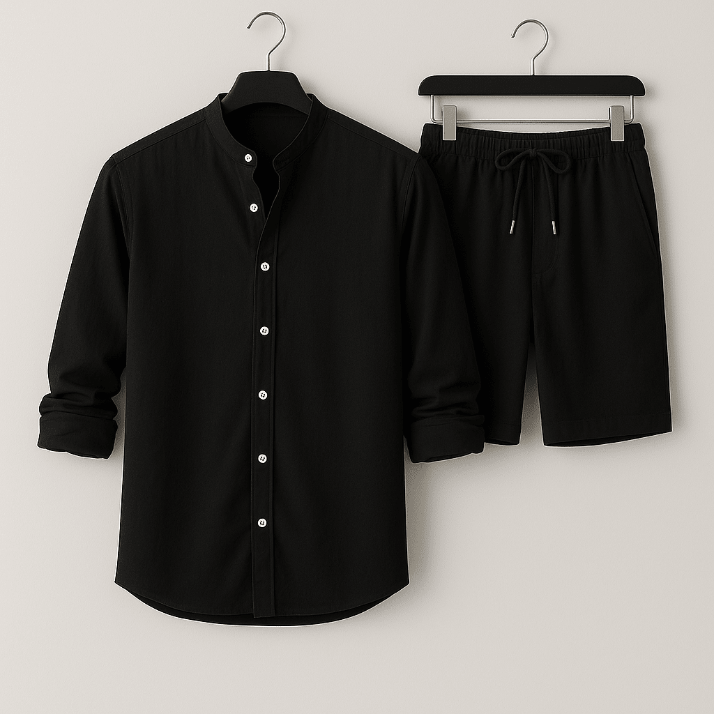 Men's Linen-Look Shirt & Shorts Set - Stand Collar Two-Piece Summer Outfit