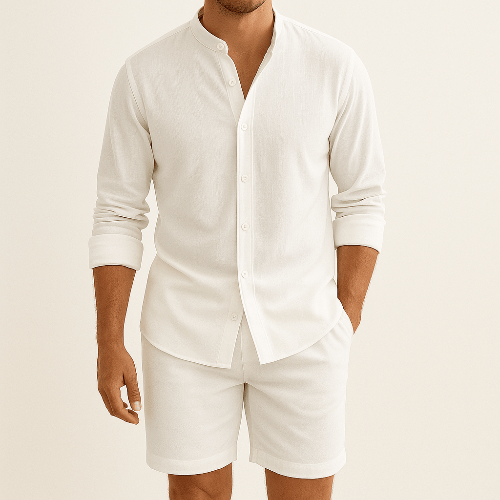 Men's Linen-Look Shirt & Shorts Set - Stand Collar Two-Piece Summer Outfit