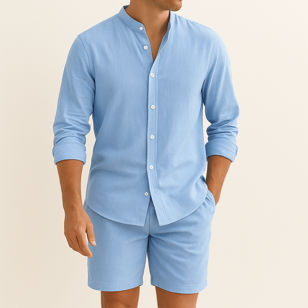 Men's Linen-Look Shirt & Shorts Set - Stand Collar Two-Piece Summer Outfit