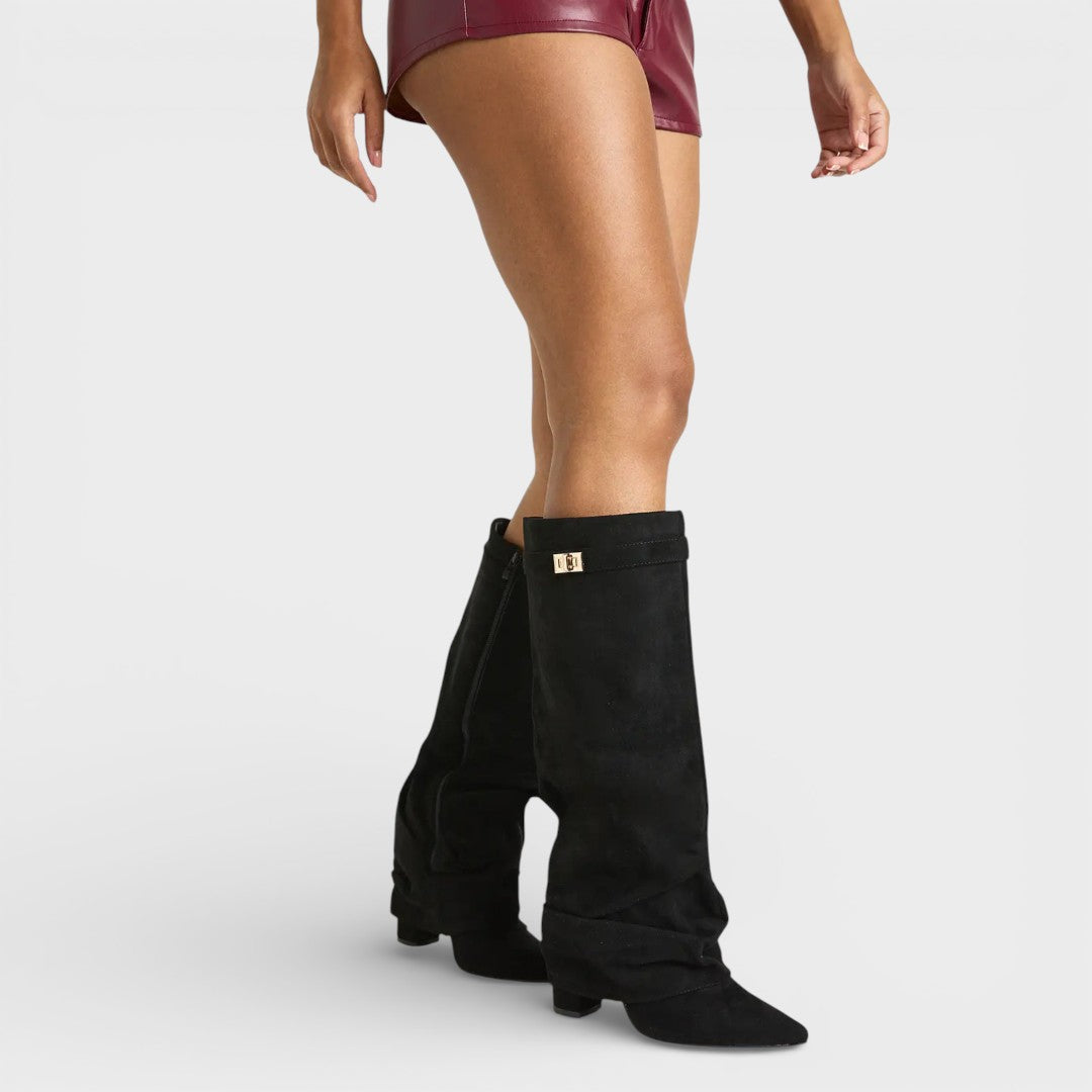 Women's Ruched Knee-High Boots Pointed Toe Side Buckle