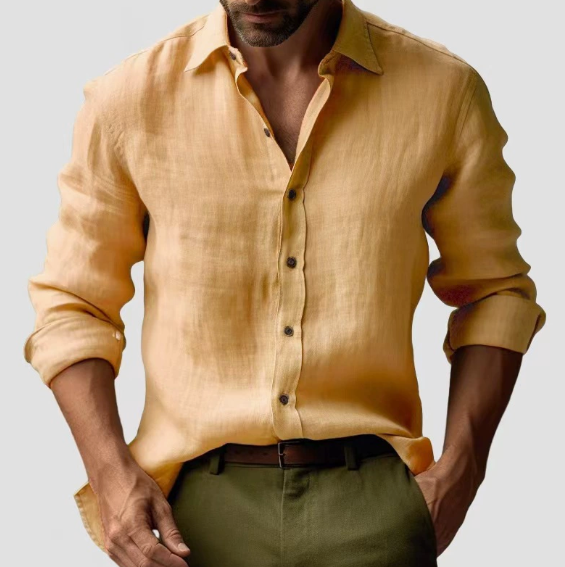Men's Long Sleeve Button-Down Shirt - Lightweight Linen