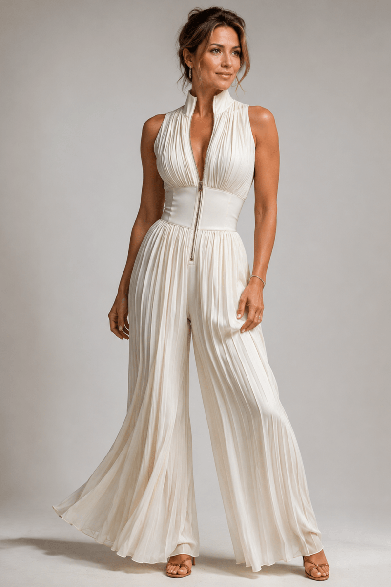 Women's Halter Neck Floral Jumpsuit - Wide-Leg Pleated Design with Deep V Front
