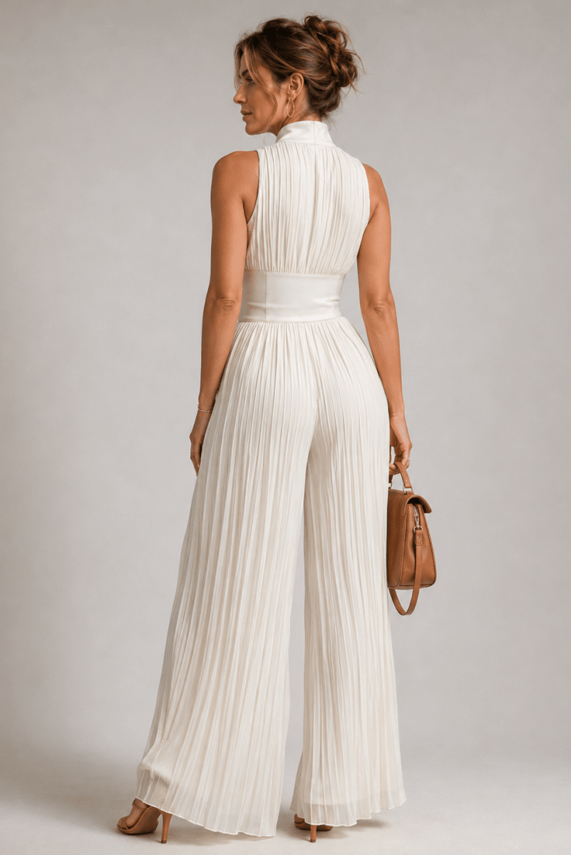 Women's Halter Neck Floral Jumpsuit - Wide-Leg Pleated Design with Deep V Front