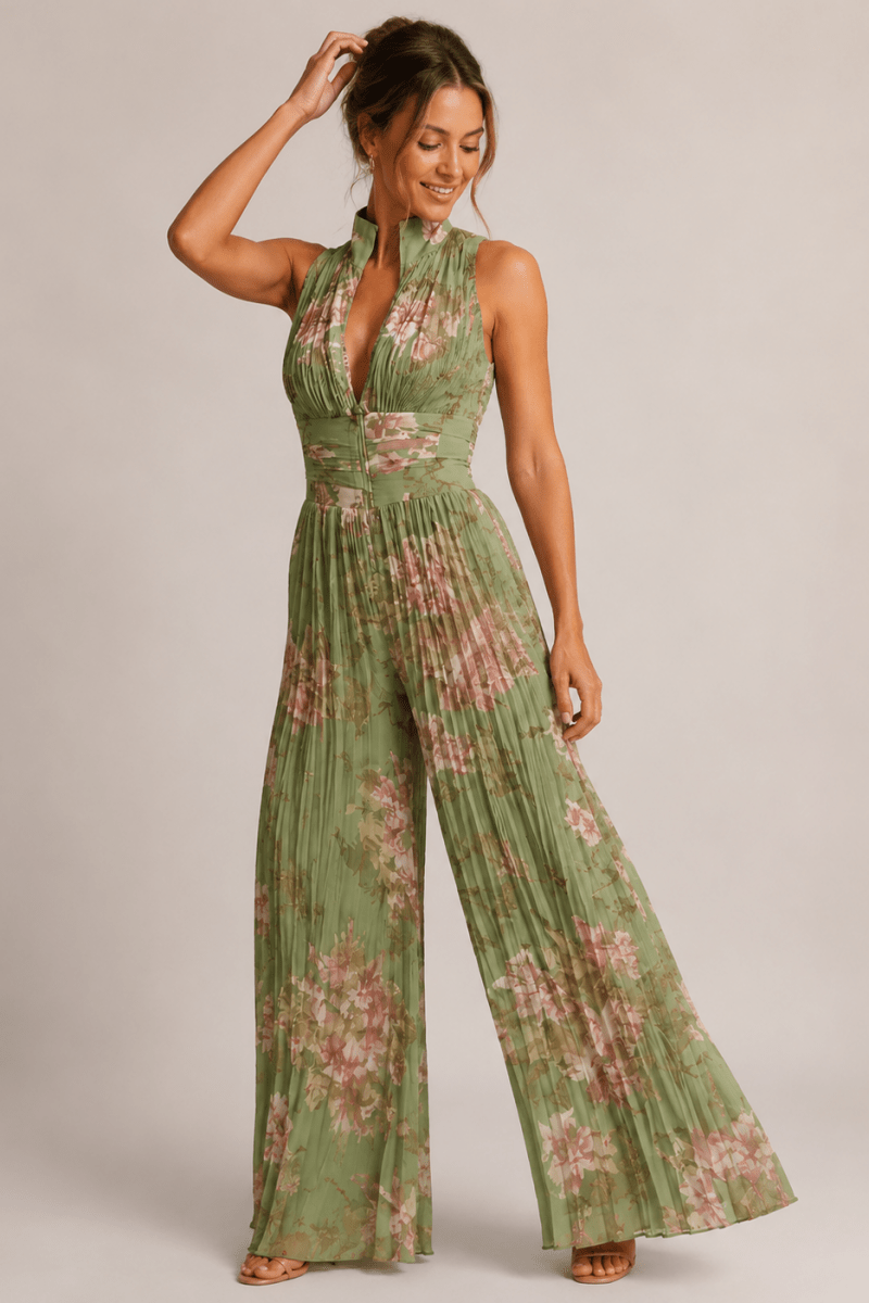 Women's Halter Neck Floral Jumpsuit - Wide-Leg Pleated Design with Deep V Front