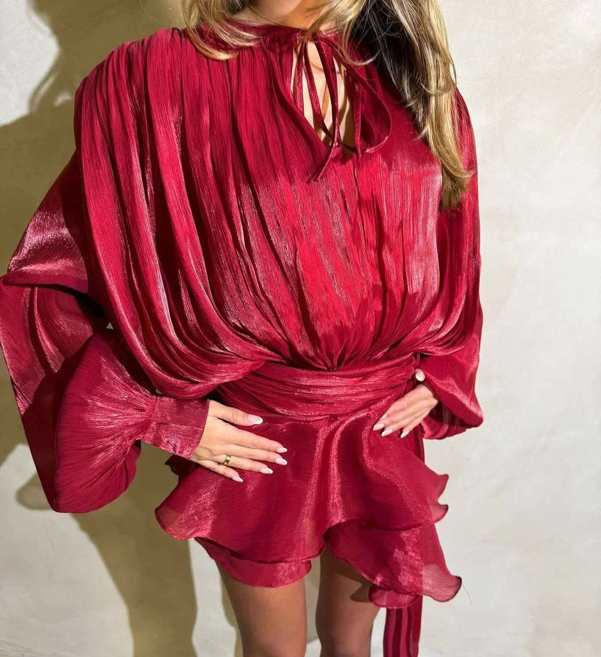 Women's Pleated Puff-Sleeve Mini Dress - Flowy Tie-Waist Summer Dress