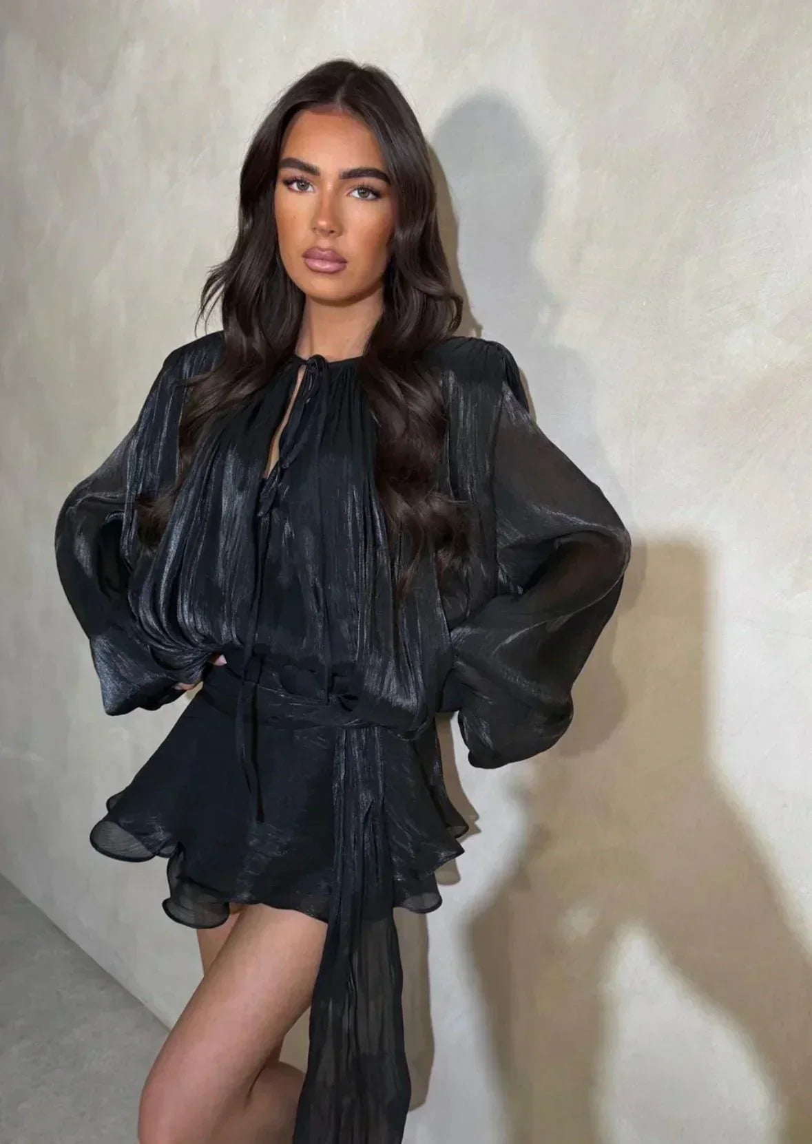 Women's Pleated Puff-Sleeve Mini Dress - Flowy Tie-Waist Summer Dress