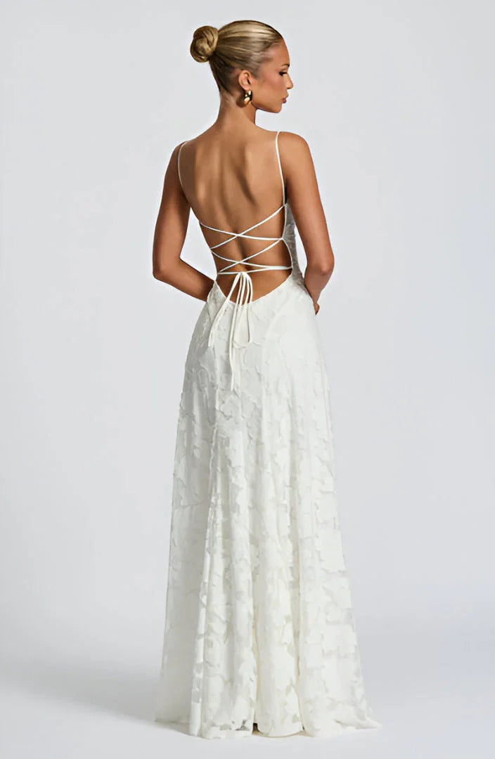 Women's Floral Maxi Dress - Thin Strap Lace-Up Back Evening Gown
