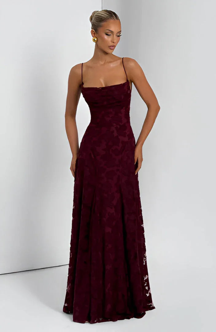 Women's Floral Maxi Dress - Thin Strap Lace-Up Back Evening Gown