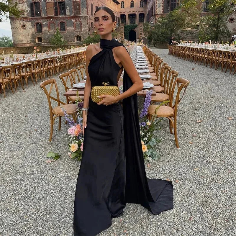 Women's Draped One-Shoulder Maxi Dress - Asymmetric Strap Evening Gown