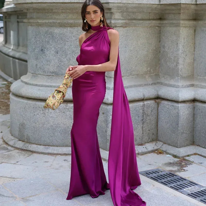 Women's Draped One-Shoulder Maxi Dress - Asymmetric Strap Evening Gown