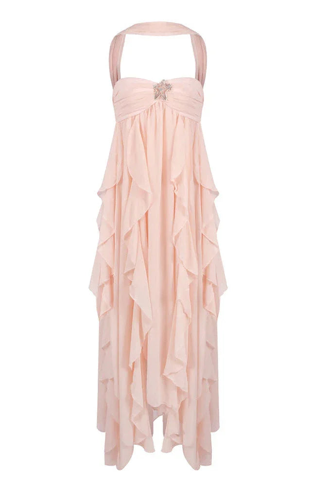Women's Ruffled Halter Neck Maxi Dress - Cut-Out Back Evening Gown