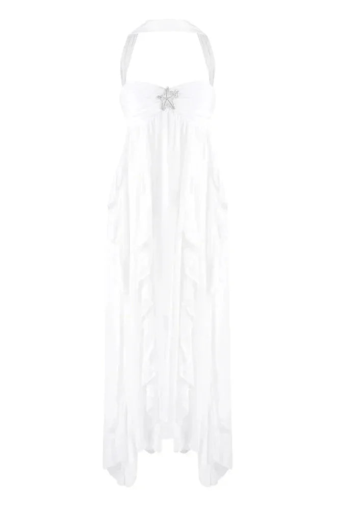 Women's Ruffled Halter Neck Maxi Dress - Cut-Out Back Evening Gown