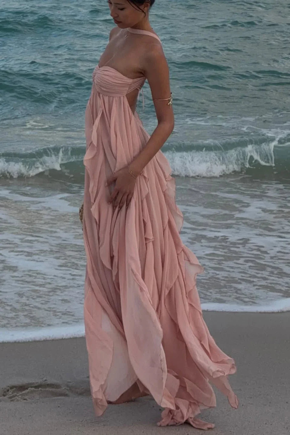 Women's Ruffled Halter Neck Maxi Dress - Cut-Out Back Evening Gown
