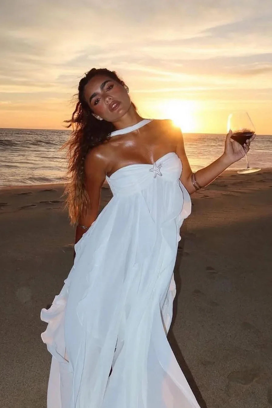Women's Ruffled Halter Neck Maxi Dress - Cut-Out Back Evening Gown