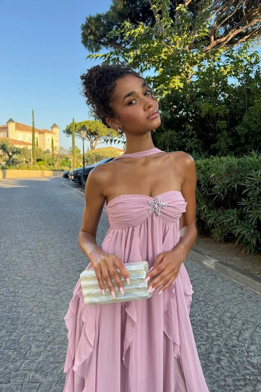 Women's Ruffled Halter Neck Maxi Dress - Cut-Out Back Evening Gown