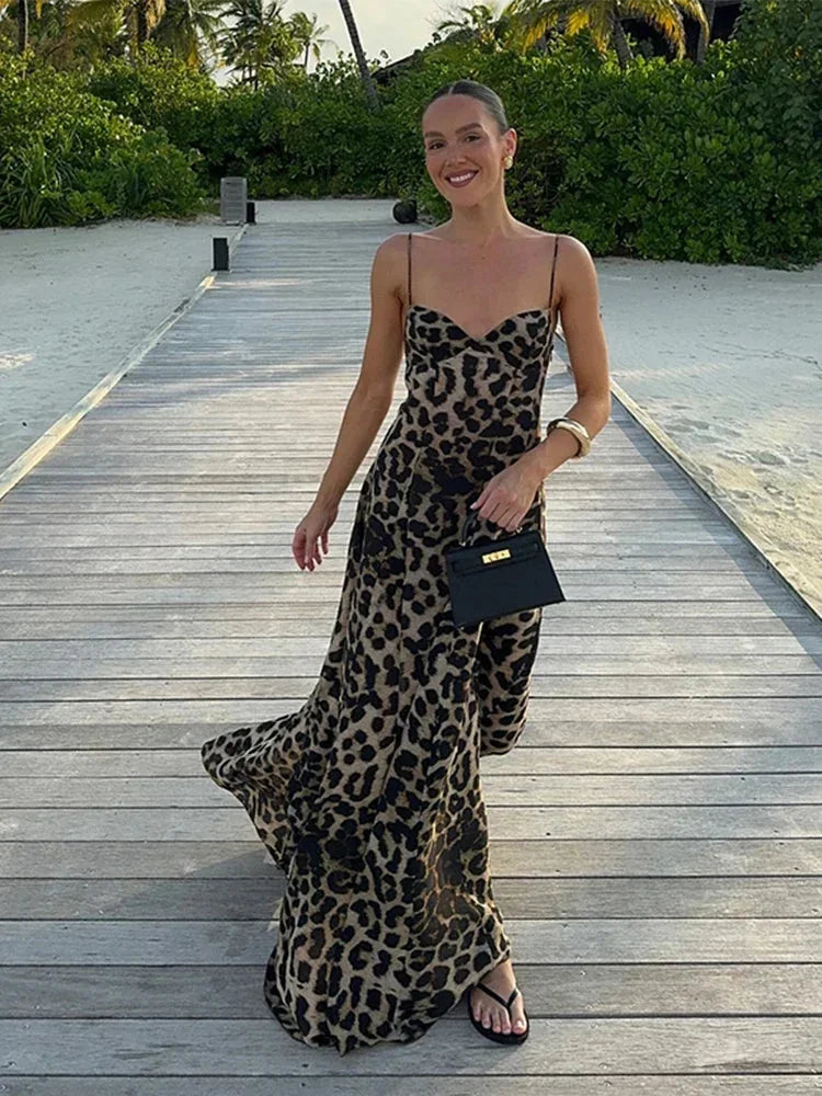 Women's Leopard Print Maxi Dress Sweetheart Neckline Spaghetti Strap