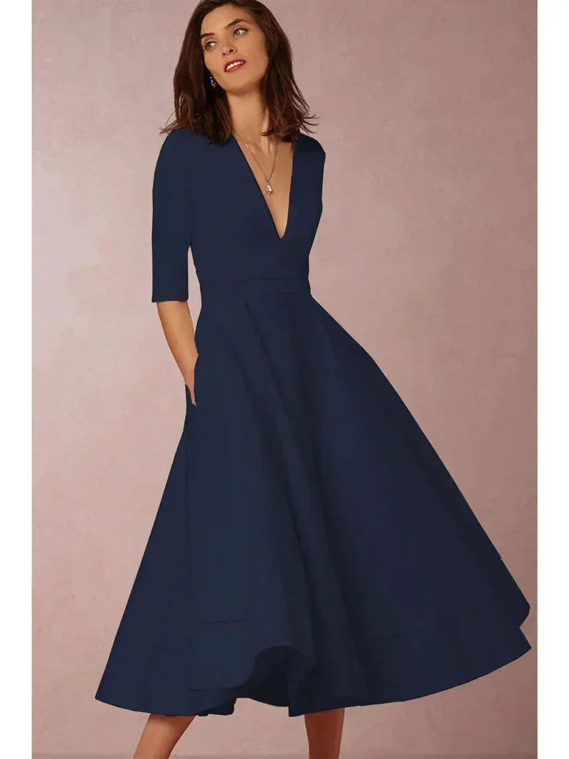 Women's Flared V-Neck Midi Dress with 3/4 Sleeves and Pockets