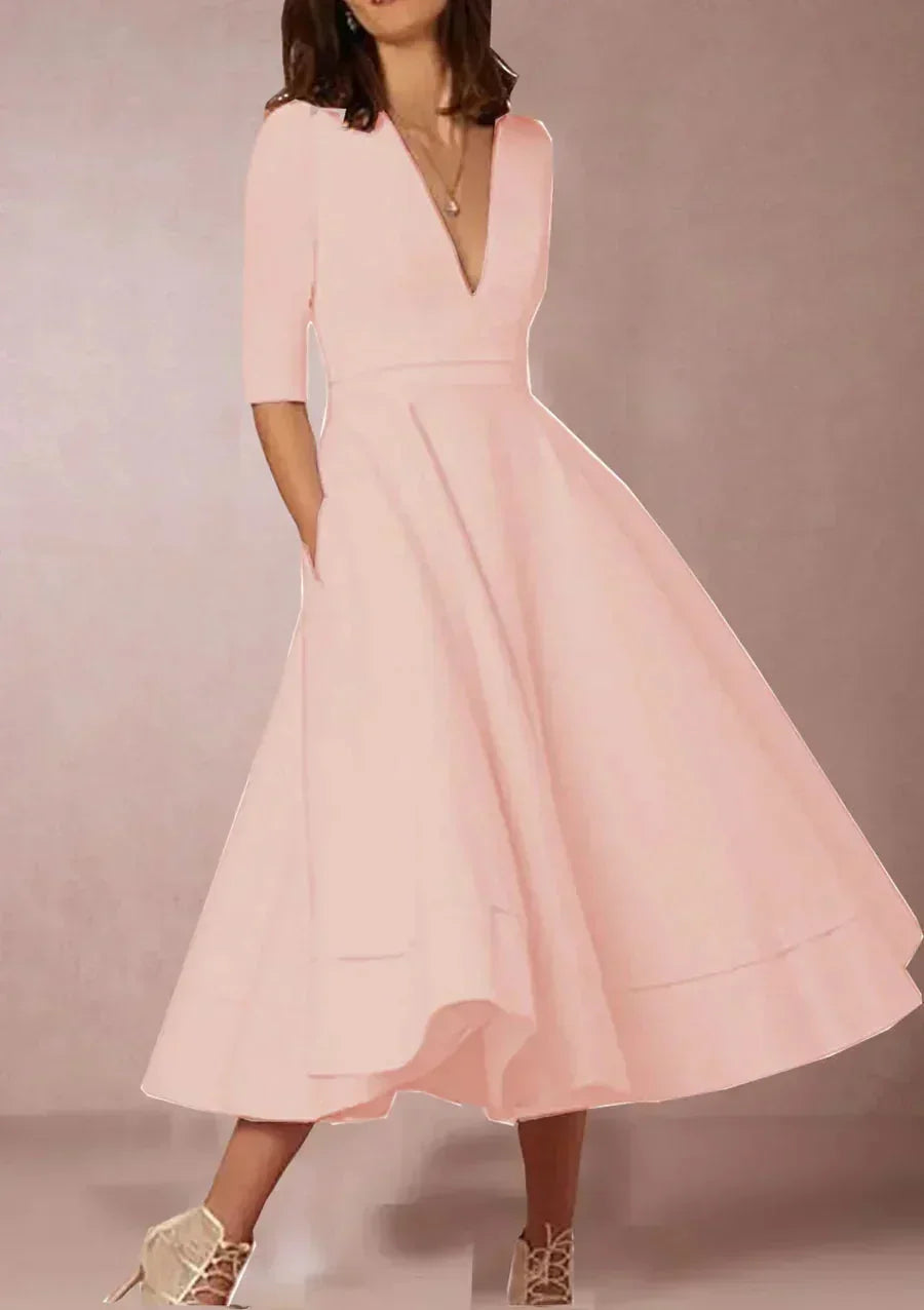 Women's Flared V-Neck Midi Dress with 3/4 Sleeves and Pockets