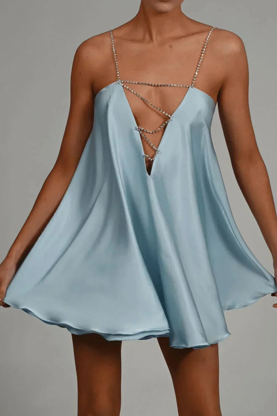 Women's Chain-Strap Satin Mini Dress Backless Evening Party