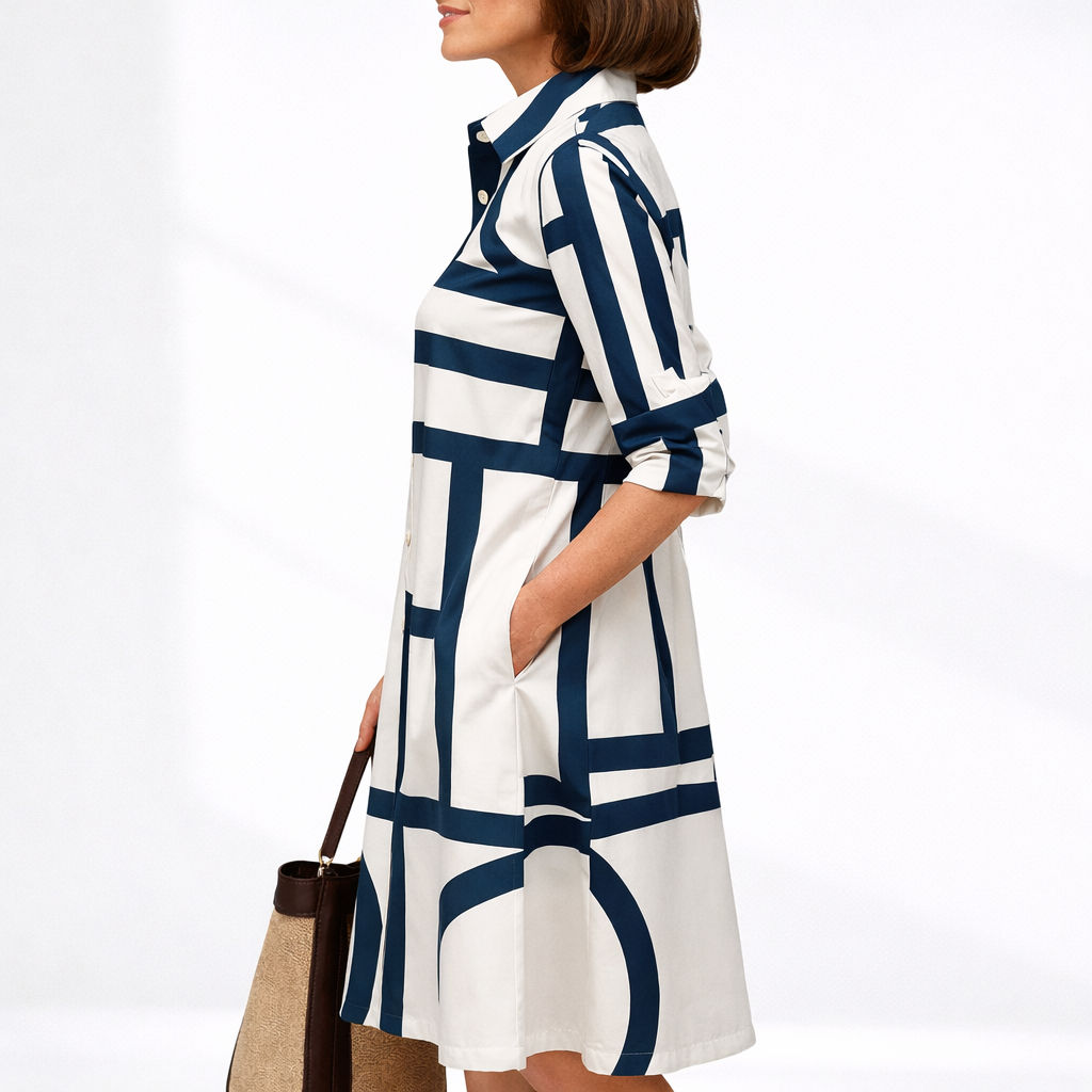 Women's Geometric Print Midi Shirt Dress - Collar Button-Front with Pockets
