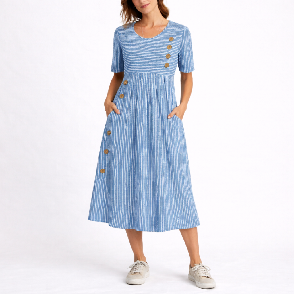 Women's Striped Midi Dress - Round Neck with Button Trim and Pockets