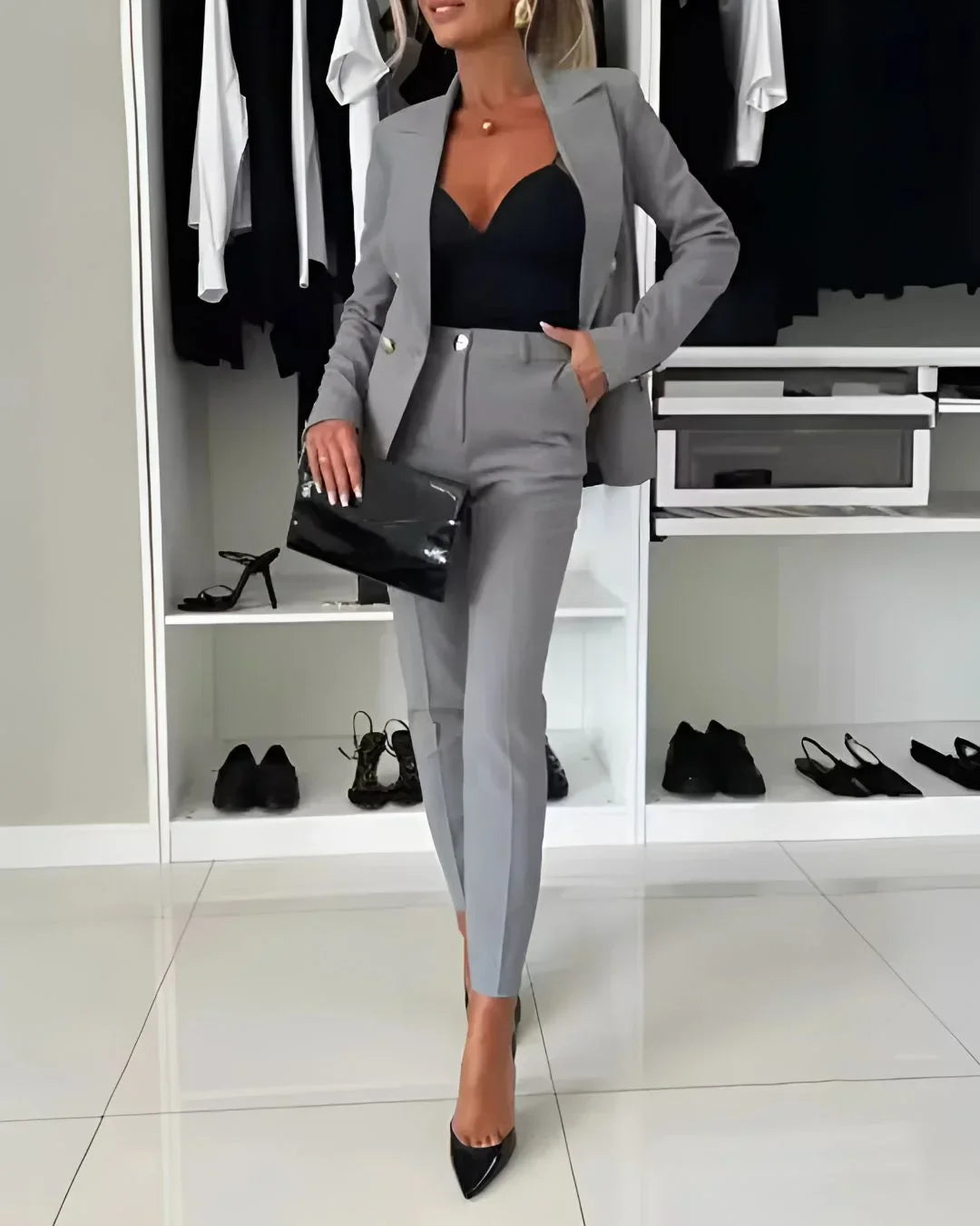 Women's Double-Breasted Tailored Suit Set - Blazer & Trousers