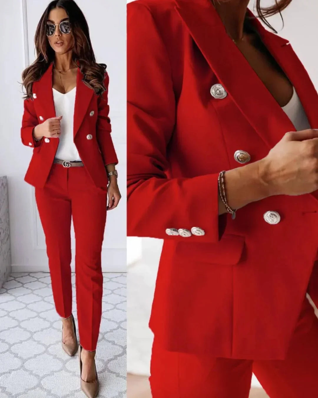 Women's Double-Breasted Tailored Suit Set - Blazer & Trousers