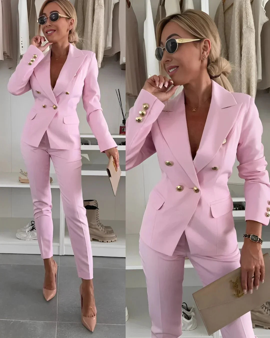 Women's Double-Breasted Tailored Suit Set - Blazer & Trousers