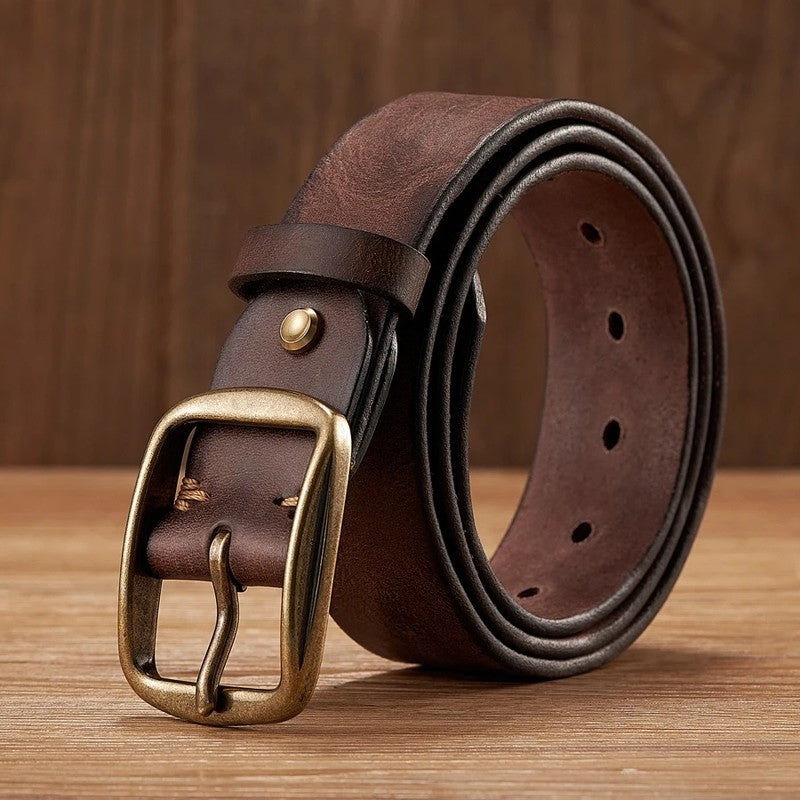 Unisex Vintage Full-Grain Leather Belt Antique Brass Buckle