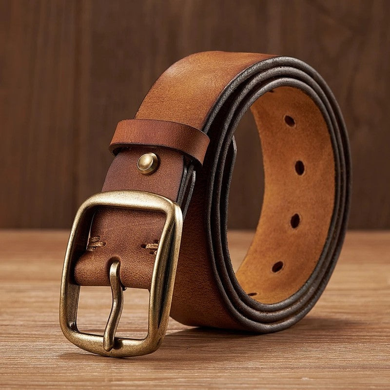 Unisex Vintage Full-Grain Leather Belt Antique Brass Buckle
