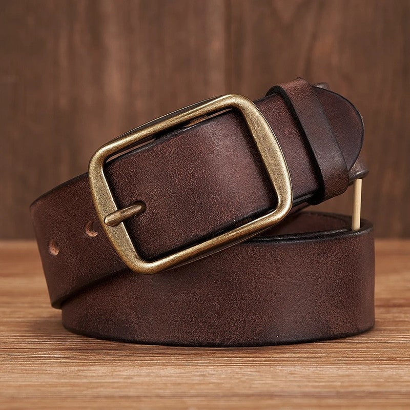 Unisex Vintage Full-Grain Leather Belt Antique Brass Buckle