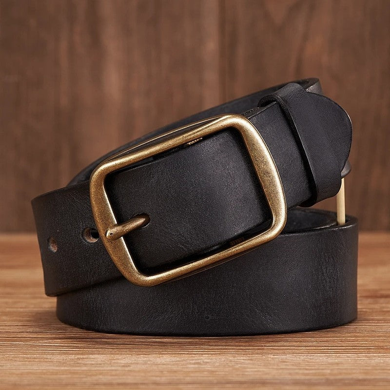 Unisex Vintage Full-Grain Leather Belt Antique Brass Buckle