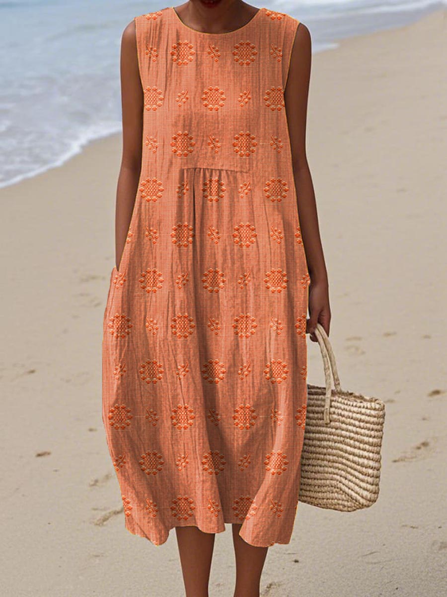 Women's Sleeveless Textured Midi Dress with Pockets