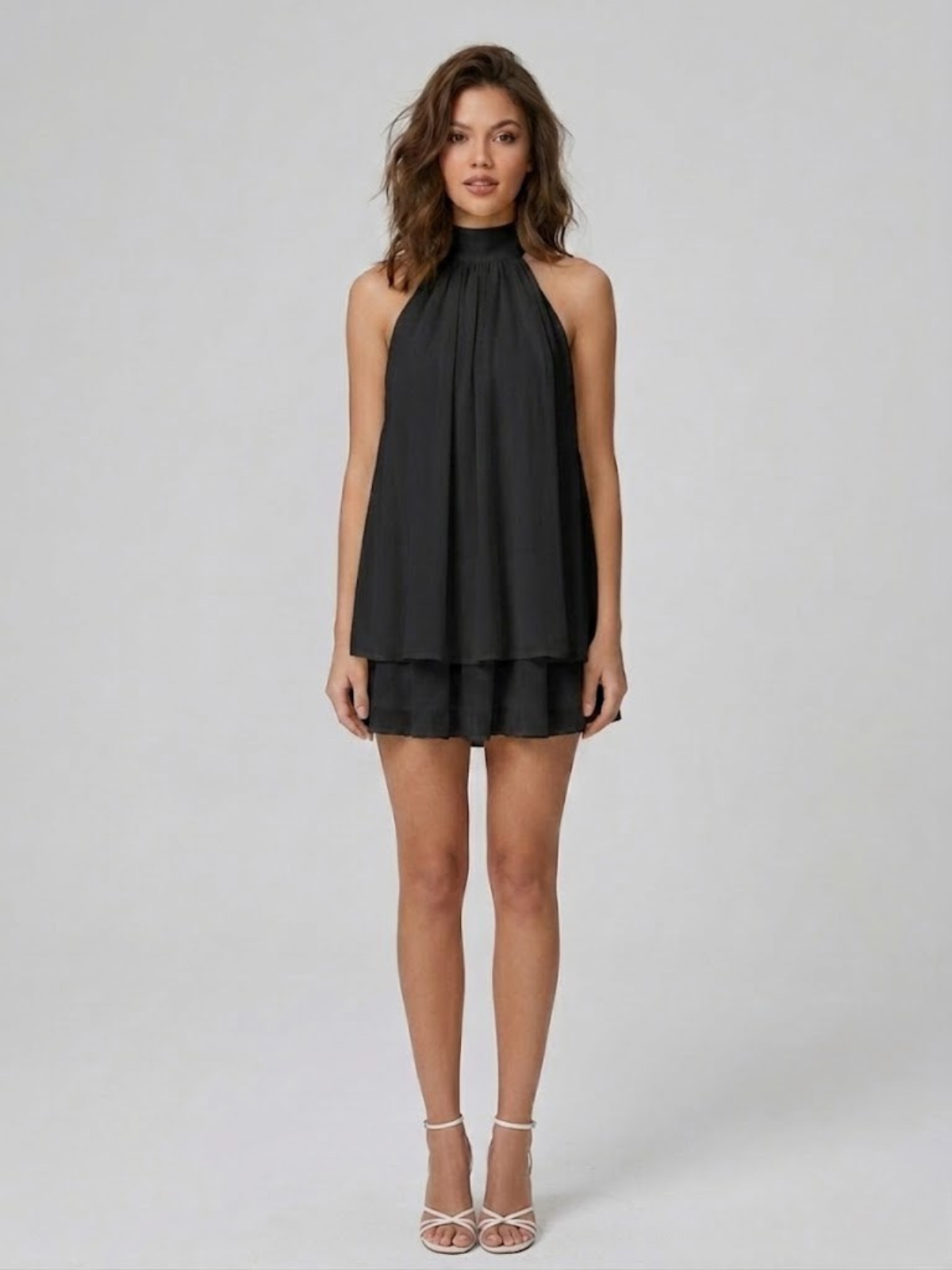 Women's Sleeveless Halter Neck Backless Tiered Ruffle Mini Dress